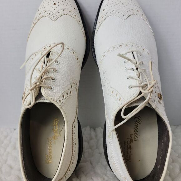 Vtg 70's Footjoy Classics Men's Size 9.5C Golf Shoes 51409 White Brogue Wingtip - Picture 8 of 10